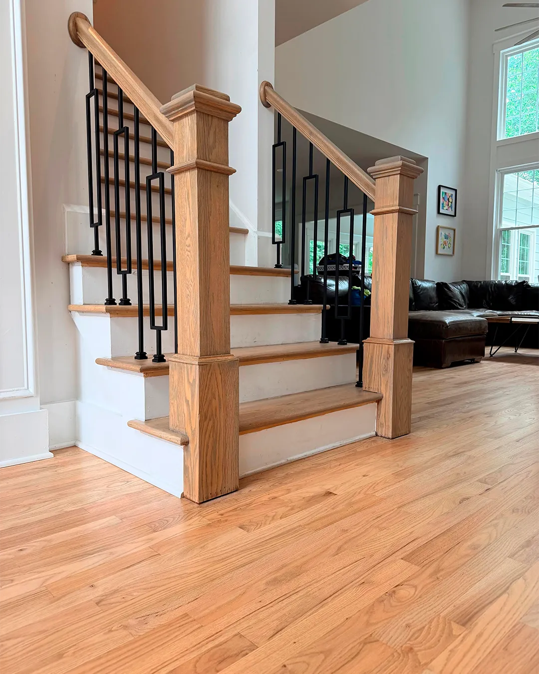 Natural hardwood staircase installation